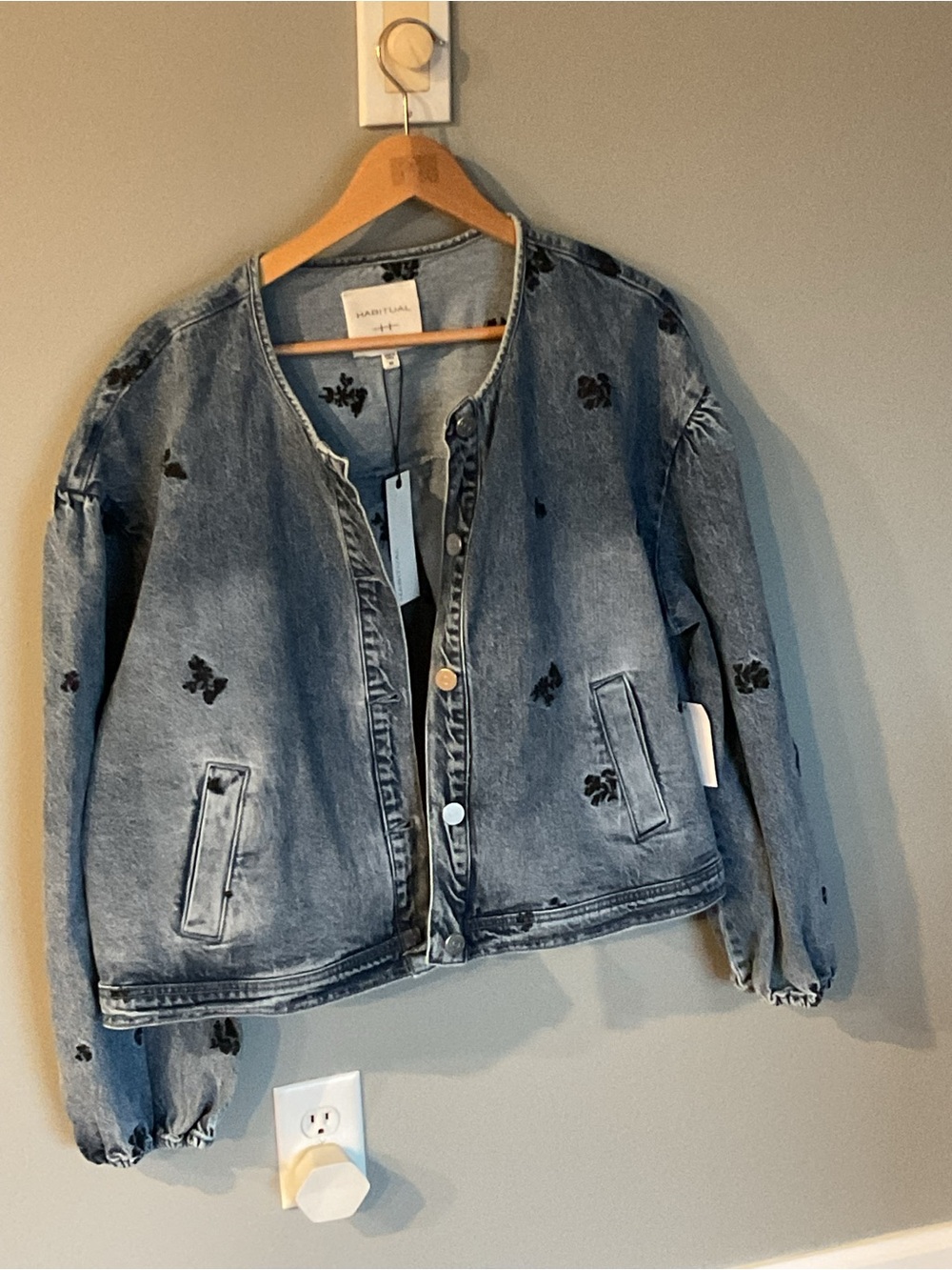 Habitual Wash Blue Denim Jacket with Black Floral Embroidery